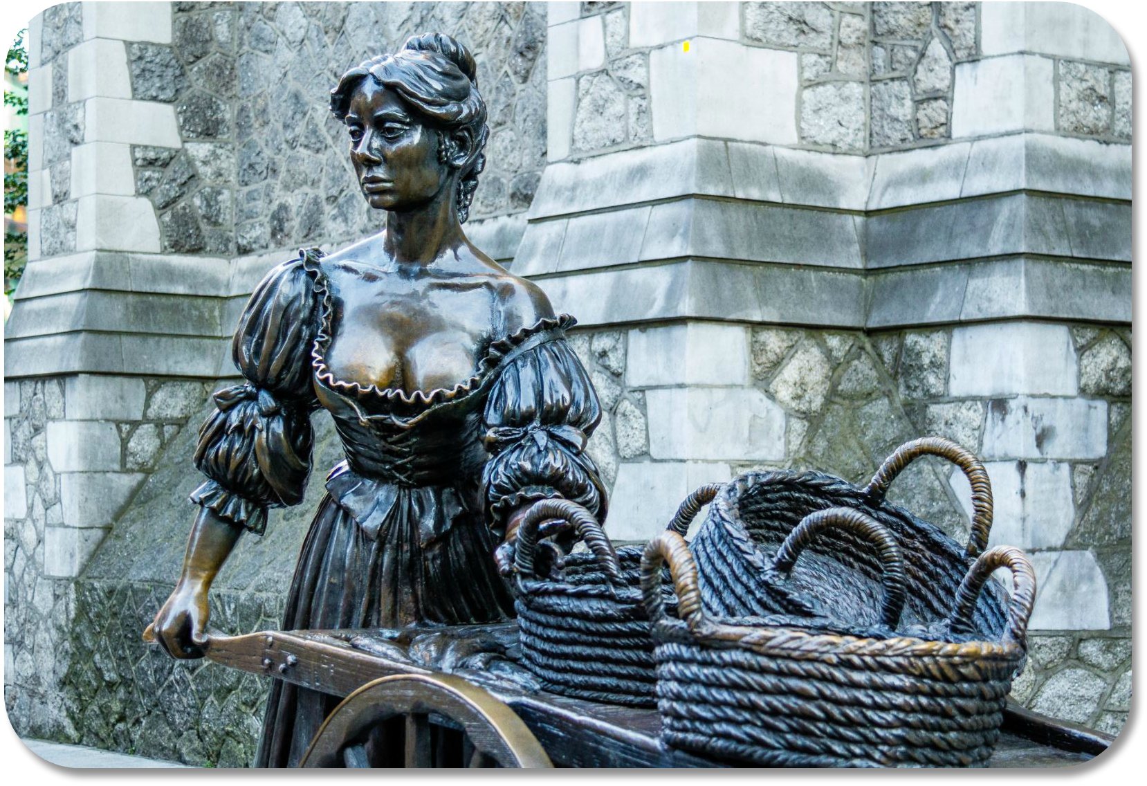 Molly Malone lyrics tell the famous story of a young fishmonger who wanders the streets of Dublin and dies of a fever at a young age.  More fun than it sounds!