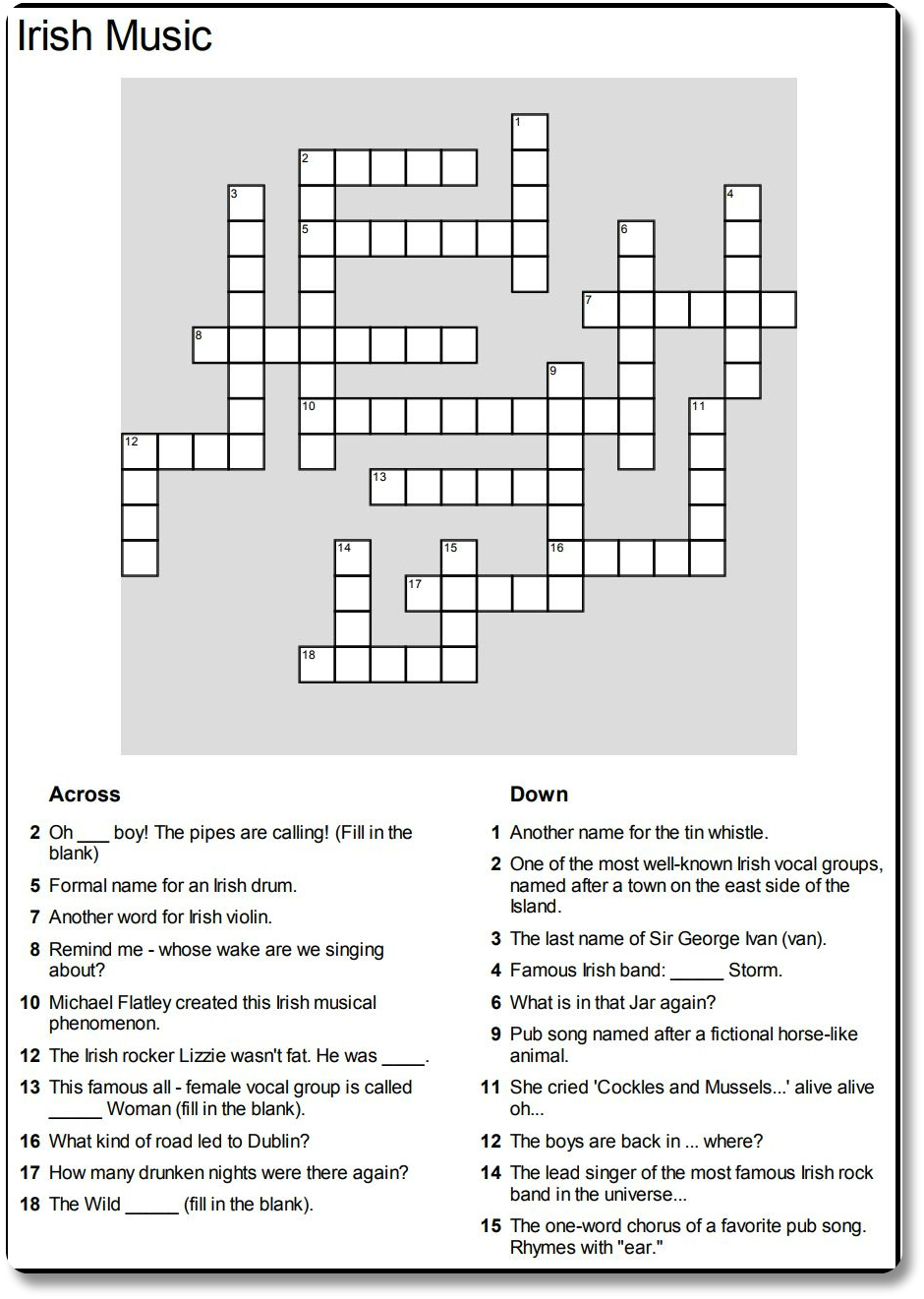Irish Music Crossword Puzzle Image