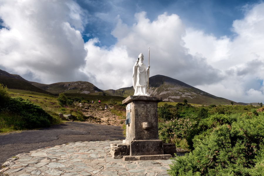 Statue of St. Patrick with Croagh Patrick in the background.