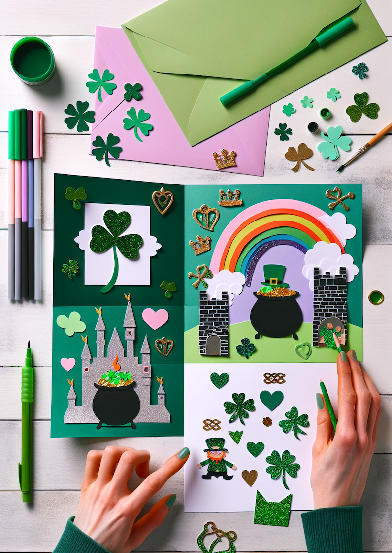 St Patricks Day Craft Ideas;  Crafty greeting card with a miriad of Irish Imagery.
