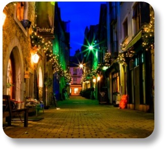 Irish Expressions:  Irish Christmas blessings. Image of an old street in Galway City, lighted for Christmas!
