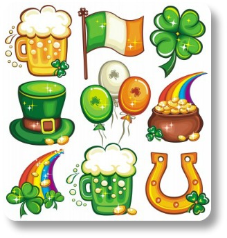 Irish Expressions.com:  St Patricks Day Party Ideas.  Image of multiple St Patrick's Day symbols.