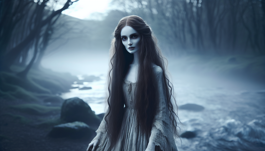 Creepy image of a banshee from Irish folklore.  Pallid woman near flowing river.
