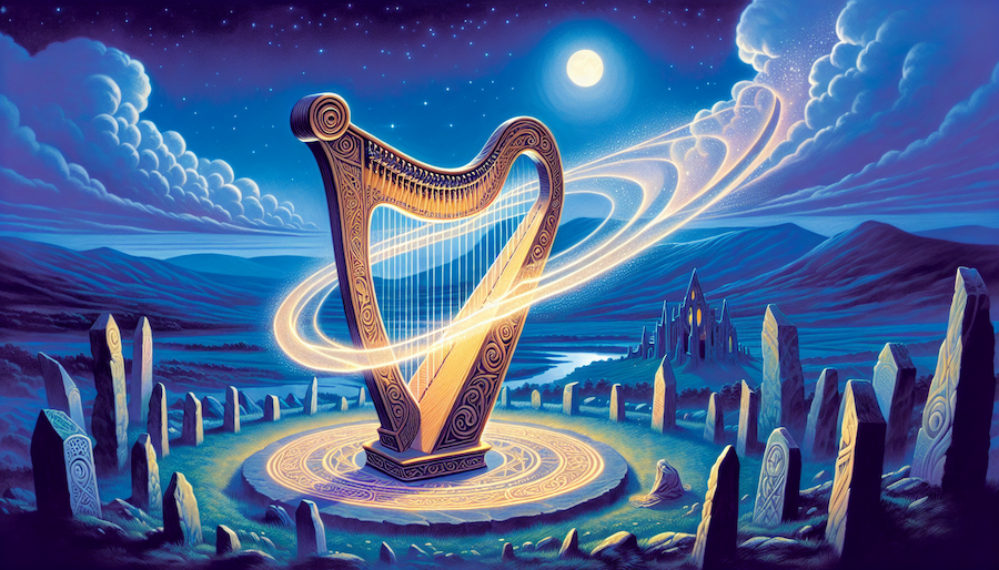 Idealized image of a harp on a platform under a night sky.