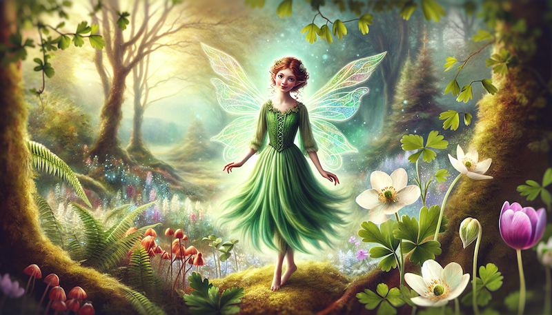 Friendly Fairy in a colorful wooded area.