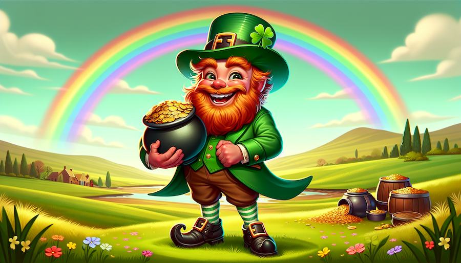 Friendly Leprechan holding pot of gold with rainbow in the background.