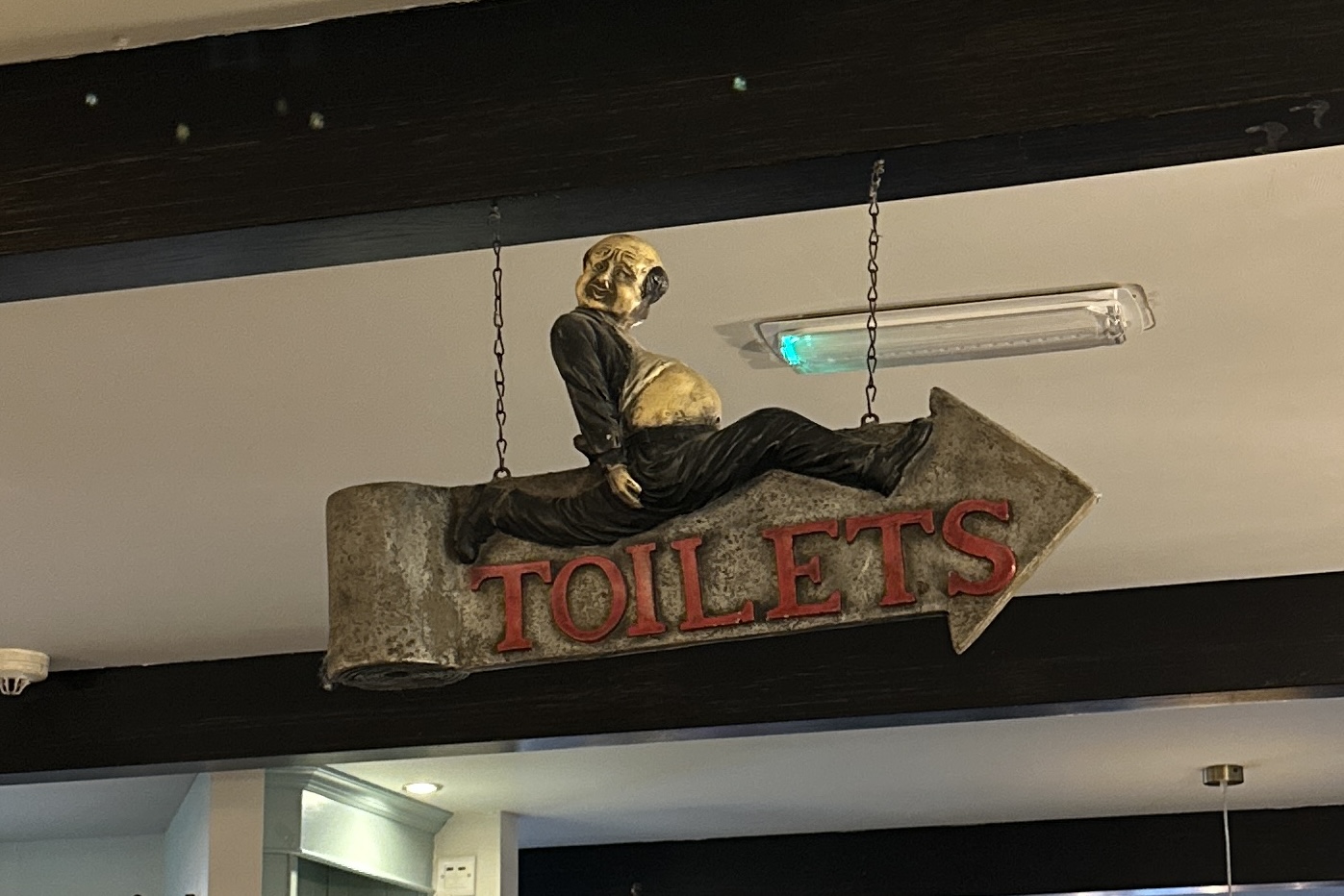 He looks like he's in a hurry! Funny sign in a Cong Village cafe, pointing the way to the toilets.