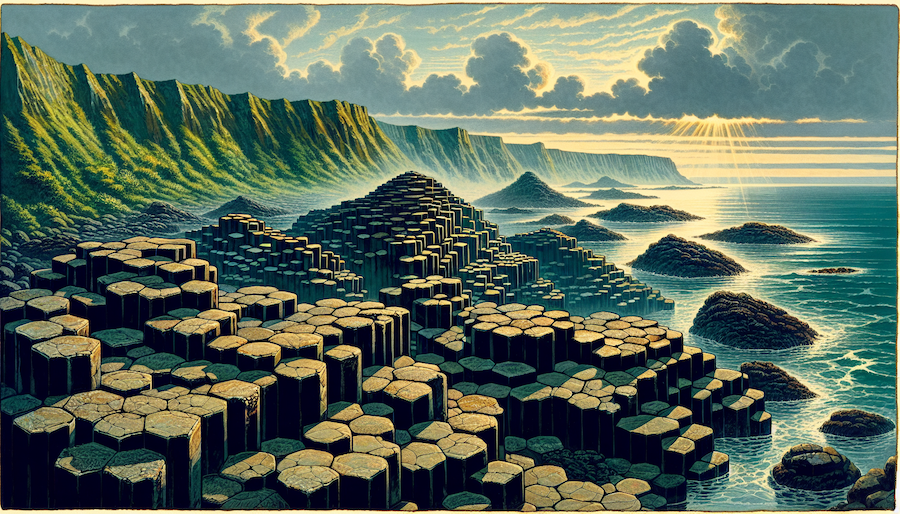 Idealized image of the Giant's Causeway, subject of a famous Irish legend.