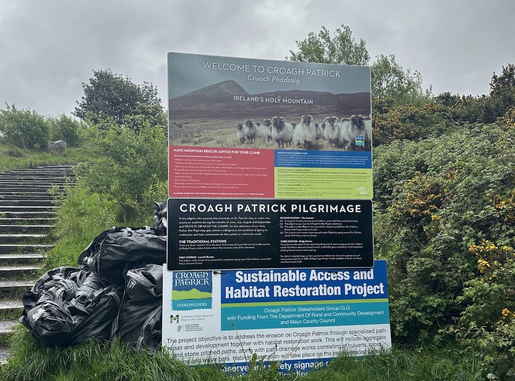 Irish Expressions:  Hiking Crogh Patrick.  Information at the base of the mountain.