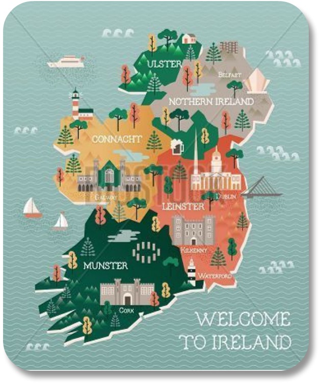 Color coded idealized map of Ireland showing four provinces (plus Northern Ireland) and famous landmarks.