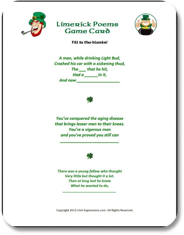 Game card with images of laughing leprechans and 'fill in the blank' limericks.