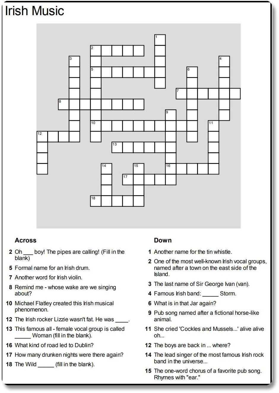 Irish Music Crossword Puzzle - downloadable game card.