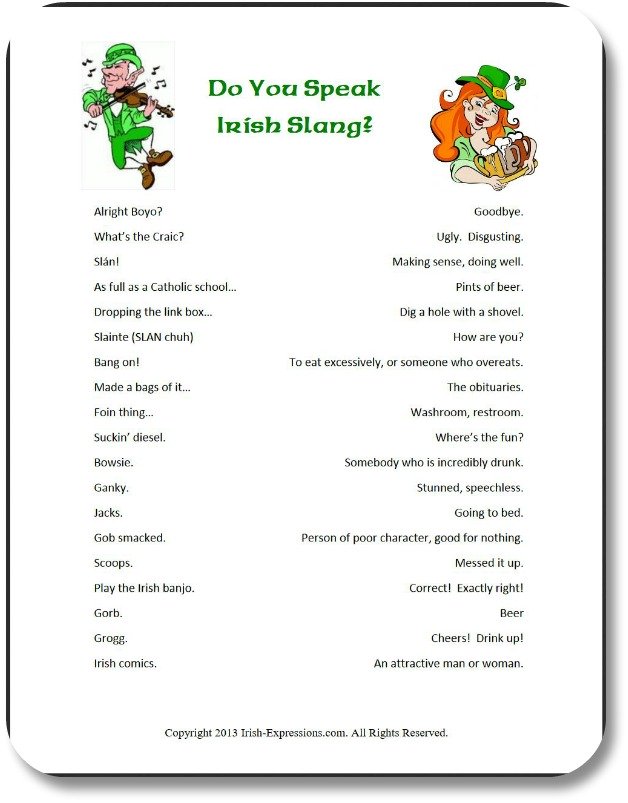 Irish Expressions.com:  St Patricks Day Party Ideas.  Image of Irish Slang Word-Match Gamecard.