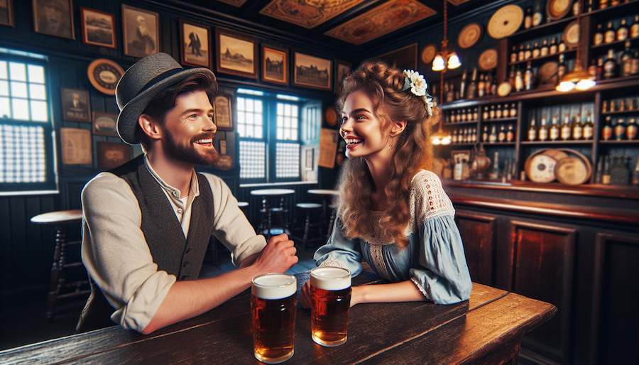 Irish lad and lass laughing in a pub with memorabilia lining the walls.