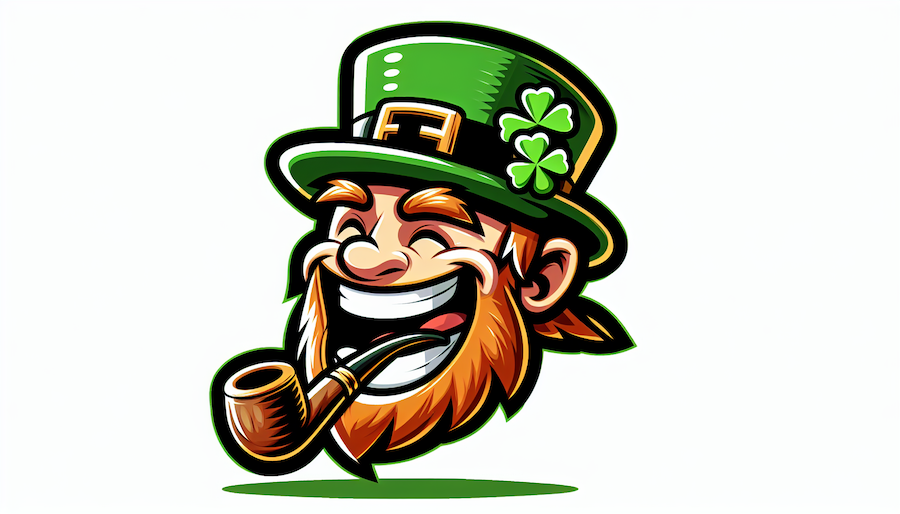 Laughing Leprechan with pipe in mouth and white background.