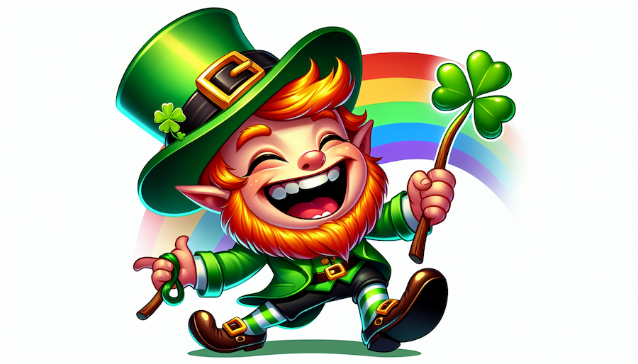 Laughing leprechan walking with shamrock and rainbow in the background.