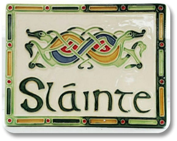 Irish Expressions: Irish Words and Phrases. Tile image of the word Slainte from Blarney Woolen Mills.