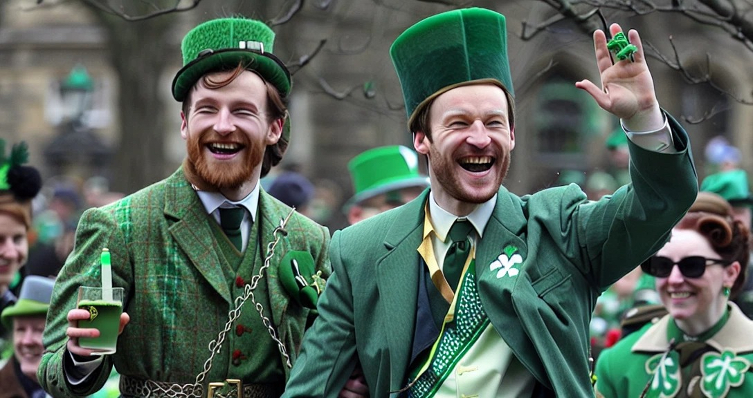 Two young men in full St Patrick's Day costumes enjoying a parade.