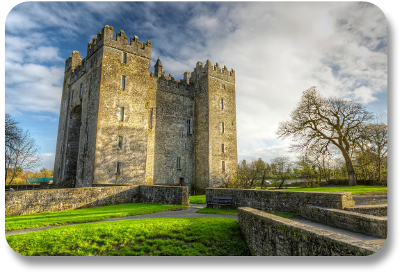 Irish Expressions: Beautiful Bunratty Castle and Folk Park.  Image of main structure and castle grounds.