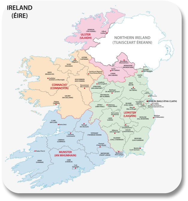 Color coded map of Ireland showing all counties organized by province.